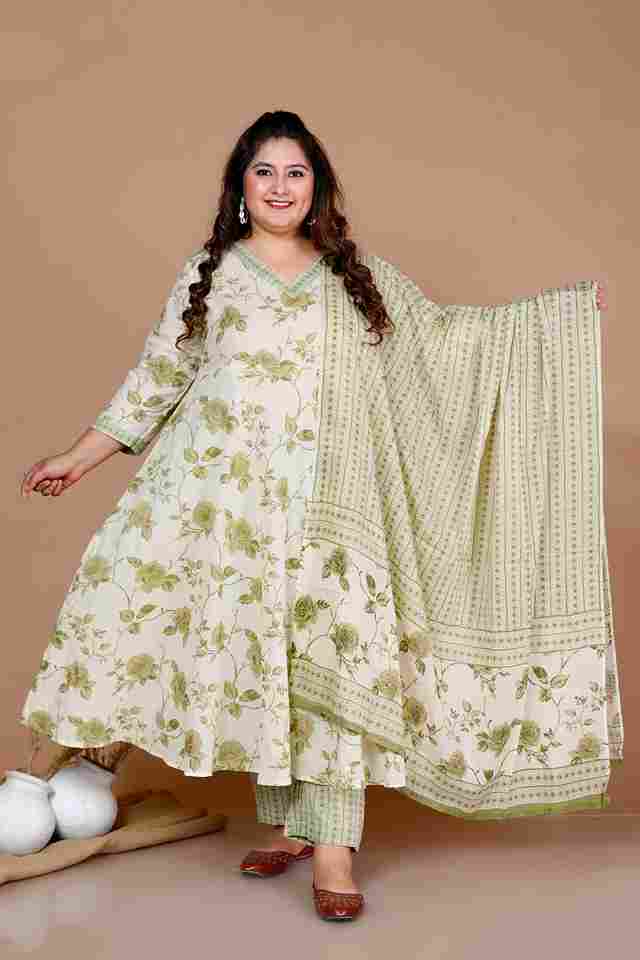 Green Floral Printed Cotton Anarkali Kurta with Palazzo and Dupatta Set